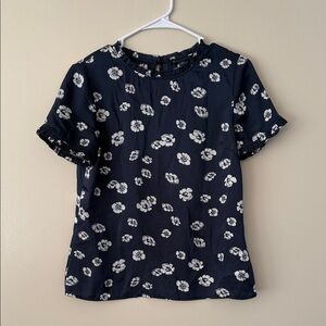 Brooks Brothers Navy Blue Floral Ruffle Neck Short Sleeve Blouse Size 4